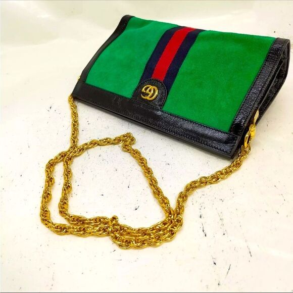 Auth Vintage Gucci Green Suede Web Sherry Line Ophidia Clutch Chainlink Shoulder - Picture 4 of 9